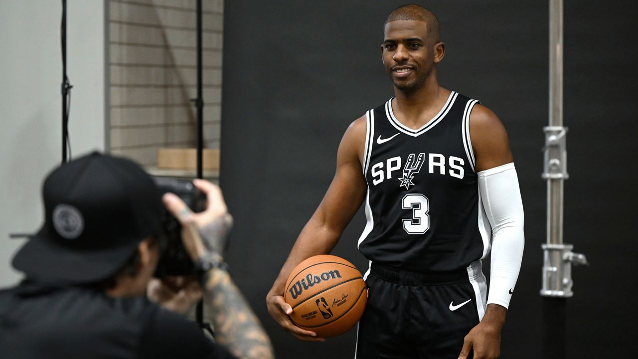 San Antonio Spurs guard Chris Paul (3) poses during the NBA basketball team's media day, Monday, Sept. 30, 2024, in San Antonio. (AP File Photo/Darren Abate)