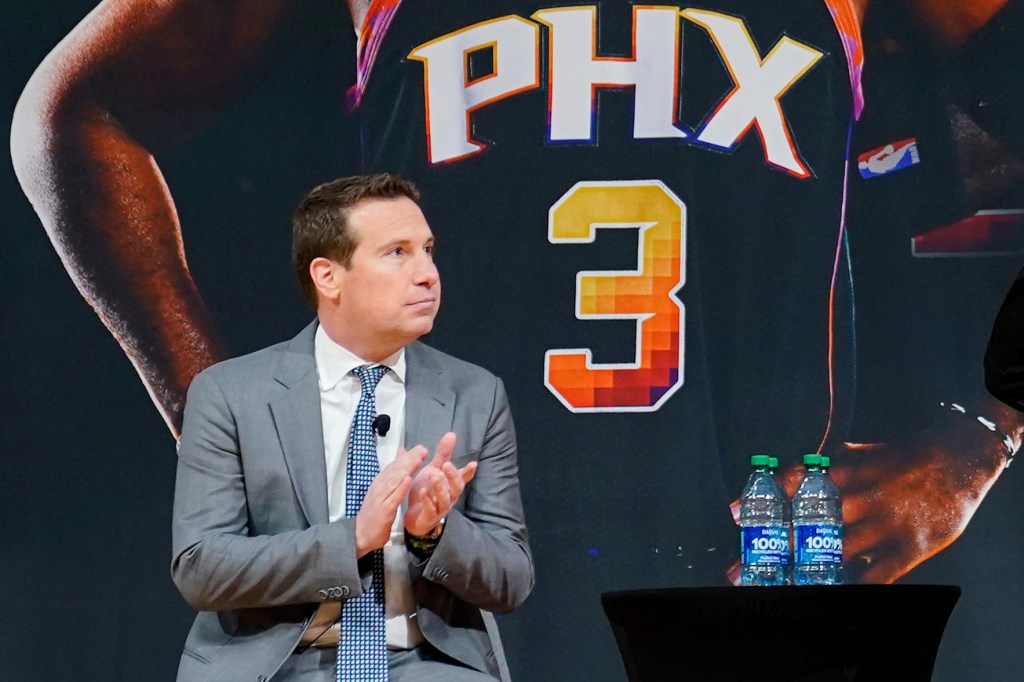 Phoenix Suns owner Mat Ishbia looks on during an NBA basketball news conference, Thursday, Feb. 16, 2023, in Phoenix. (