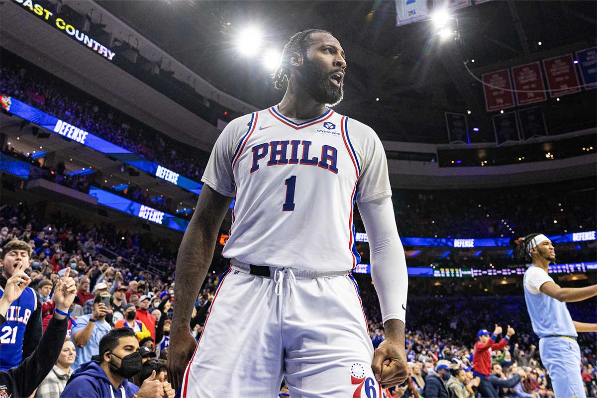 Philadelphia 76ers center Andre Drummond (1) reacts after a defensive stop against the Memphis Grizzlies during the fourth quarter at Wells Fargo Center.