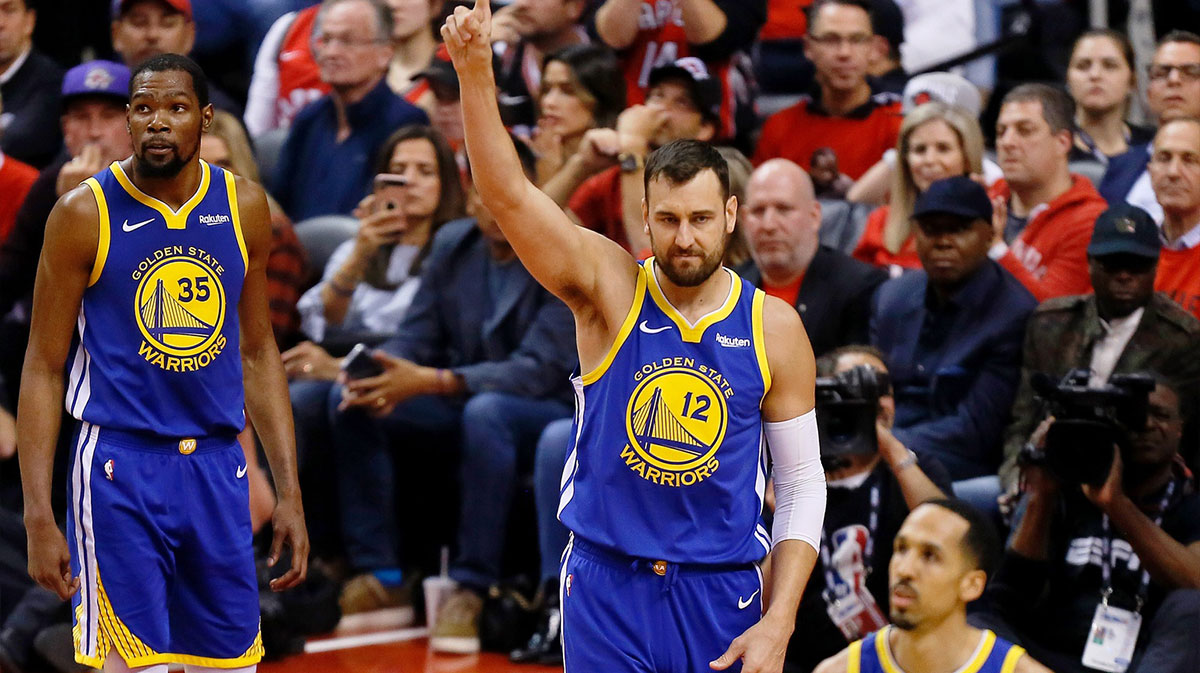 Golden State Warriors center Andrew Bogut (12) gestures after a play against the Toronto Raptors during the second quarter in game five of the 2019 NBA Finals at Scotiabank Arena.