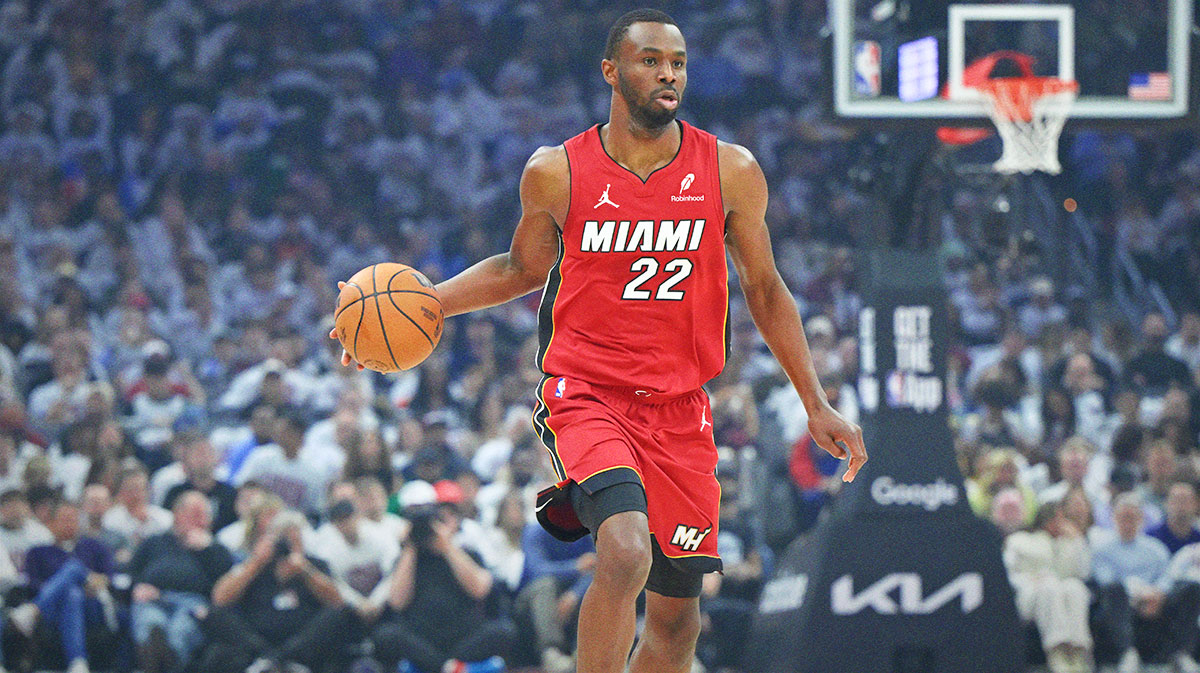 Miami Heat forward Andrew Wiggins (22) brings the ball up court in the first quarter against the Cleveland Cavaliers at Rocket Arena.