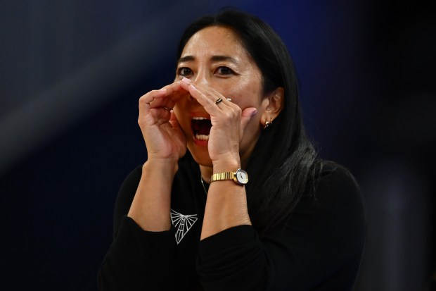 Golden State Valkyries head coach Natalie Nakase coaches her players against the Atlanta Dream in the fourth quarter of their WNBA game at Chase Center in San Francisco, Calif., on Sunday, Aug. 17, 2025. The Atlanta Dream defeated the Golden State Valkyries 79-63. (Jose Carlos Fajardo/Bay Area News Group)