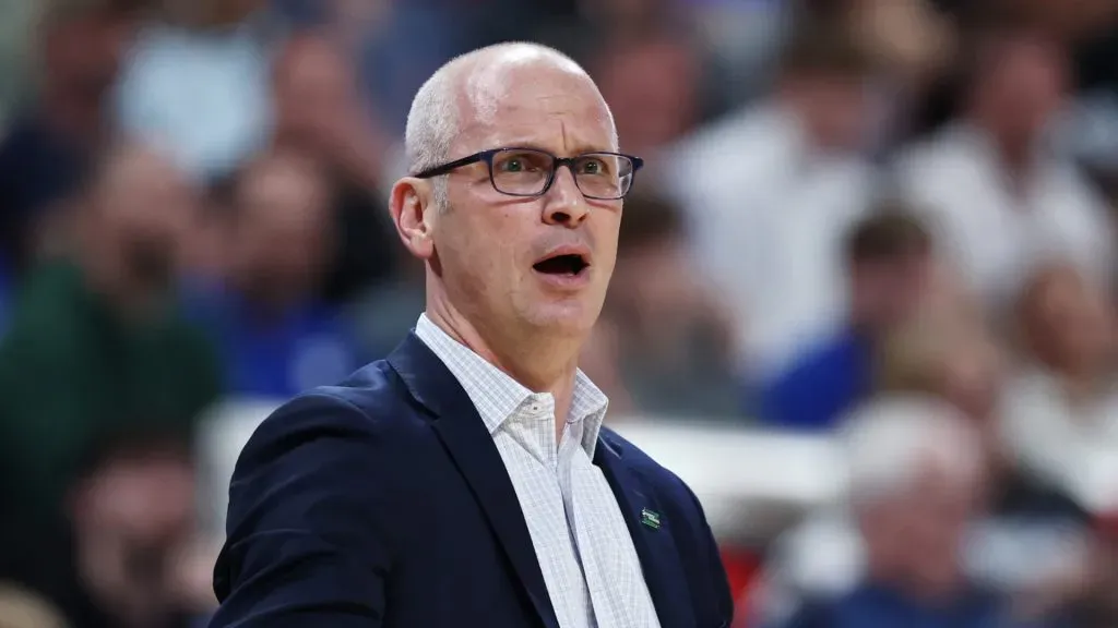 Head coach Dan Hurley of the Connecticut Huskies reacts in the first half against the Florida Gators in the second round of the NCAA Men's Basketball Tournament at Lenovo Center on March 23, 2025 in Raleigh, North Carolina.