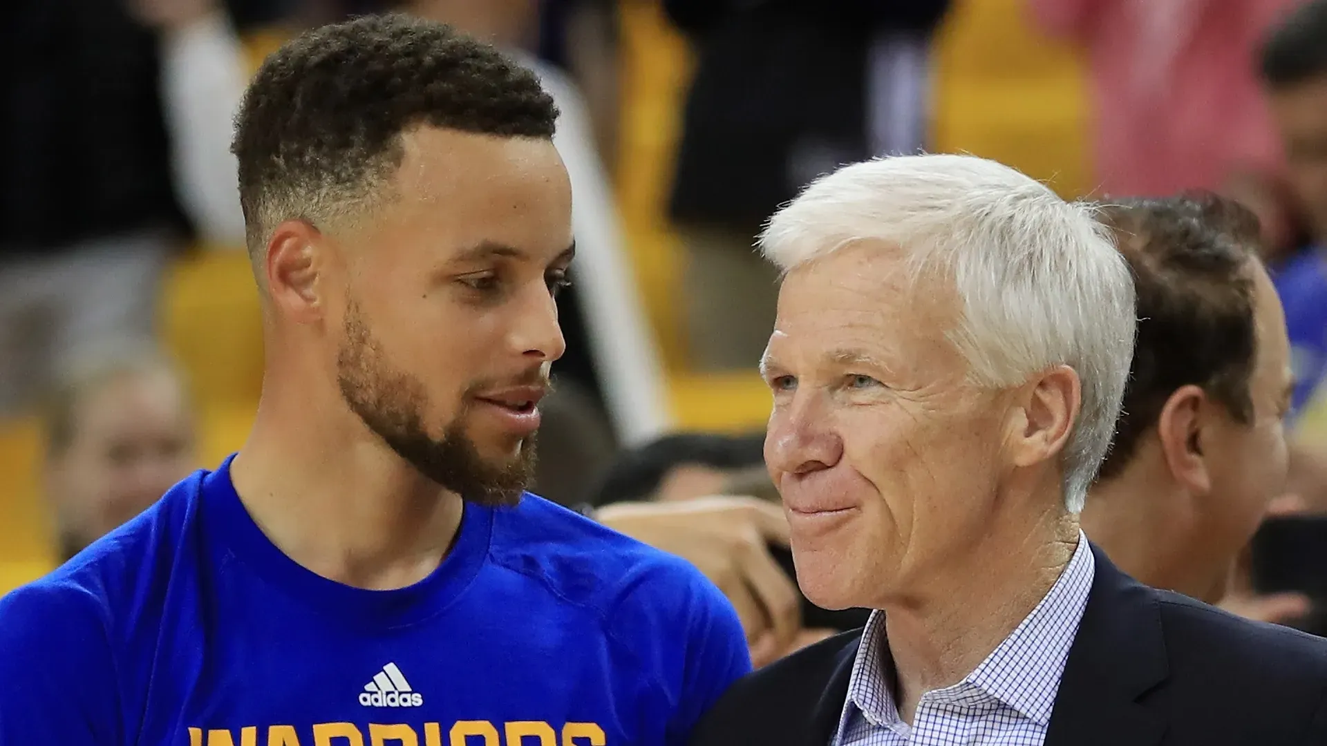 Stephen Curry #30 of the Golden State Warriors speaks with Davidson head coach Bob McKillop prior to Game 1 of the 2017 NBA Finals against the Cleveland Cavaliers