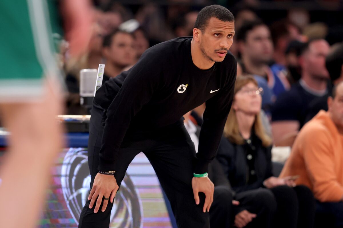 Boston Celtics head coach Joe Mazzulla coaches against the New York Knicks during the first quarter of game six in the second round of the 2025 NBA Playoffs at Madison Square Garden.