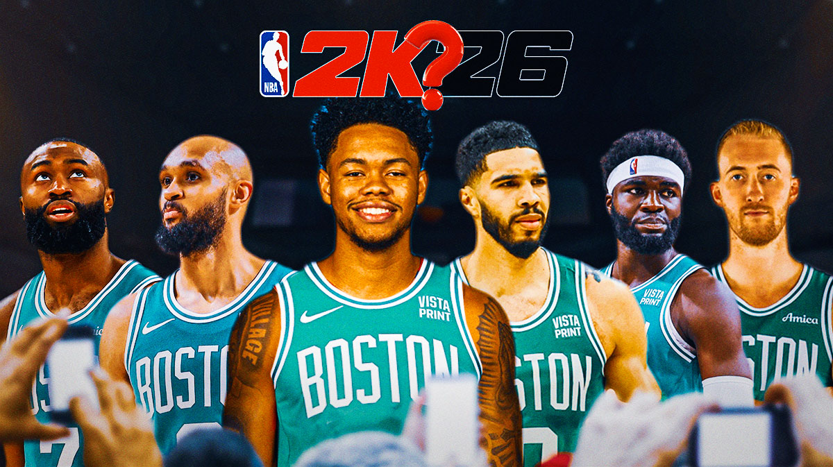 Shai Gilgeous-Alexander, Jalen Williams, Chet Holmgren, Alex Caruso, and Aaron Wiggins in Thunder jersey with the 2k26 logo at the top with a single question mark. Oklahoma City Thunder NBA 2K26 ratings that are 100% wrong