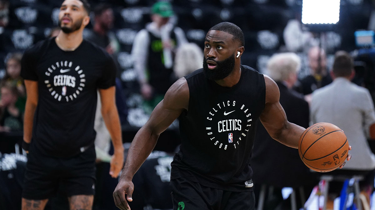 Boston Celtics guard Jaylen Brown (7) and forward Jayson Tatum (0) warm up before the start of game one of the second round for the 2025 NBA Playoffs against the New York Knicks at TD Garden.