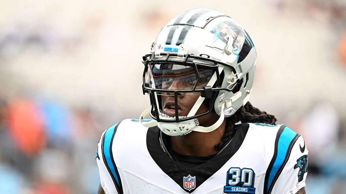 Carolina Panthers cornerback Jaycee Horn (8) during warm-ups at Bank of America Stadium.