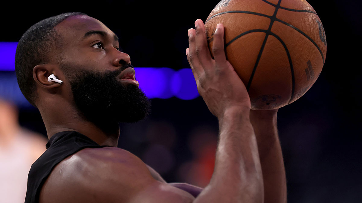 Celtics guard Jaylen Brown (7) warms up before game six in the second round of the 2025 NBA Playoffs against the New York Knicks at Madison Square Garden
