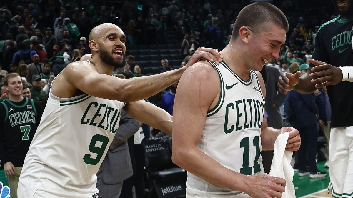 Celtics guard Derrick White (9), 41 points, and guard Payton Pritchard (11) ,43 points as they joke around after their win over the Portland Trail Blazers at TD Garden