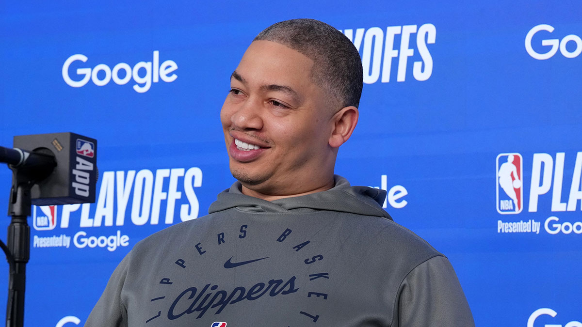 Clippers coach Tyronn Lue at press conference during game six of first round for the 2025 NBA Playoffs against the Denver Nuggets at Intuit Dome