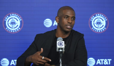 Chris Paul is introduced as the newest member of the Los Angeles Clippers during a basketball news ...