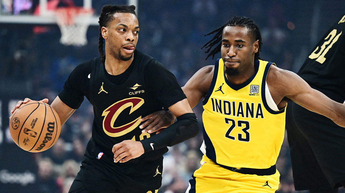 Cleveland Cavaliers guard Darius Garland (10) drives to the basket against Indiana Pacers forward Aaron Nesmith (23) during the first quarter of game five of the second round for the 2025 NBA Playoffs at Rocket Arena.