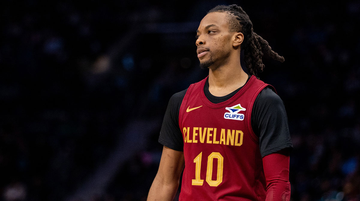 Cleveland Cavaliers guard Darius Garland (10) looks on during the third quarter against the Charlotte Hornets at Spectrum Center.