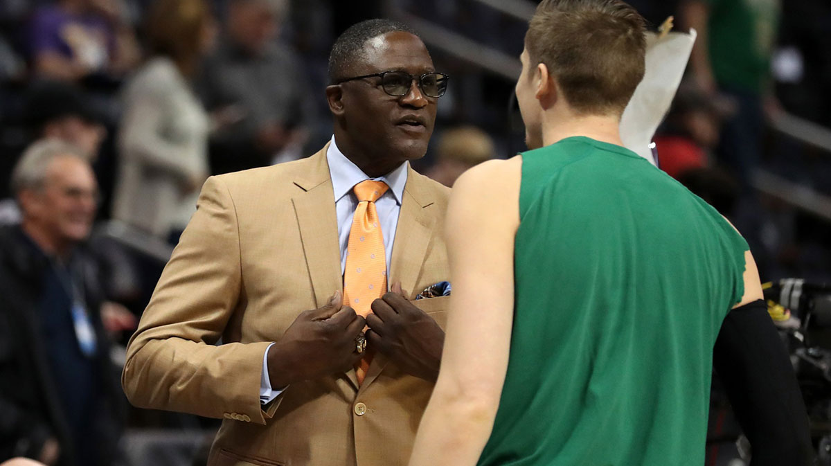 Atlanta Hawks former forward Dominique Wilkins talks with Boston Celtics forward Jonas Jerebko (8) before their game at Philips Arena.