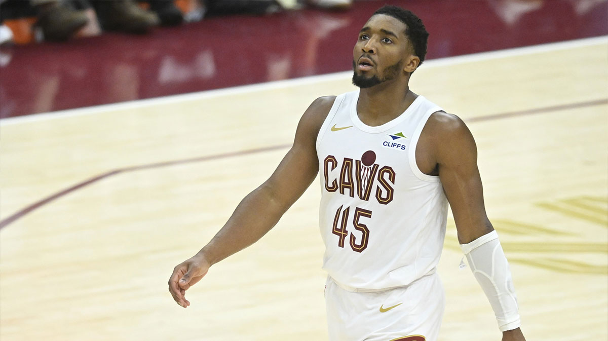 Cleveland Cavaliers guard Donovan Mitchell (45) walks on the court in the fourth quarter during game two of the second round of the 2025 NBA Playoffs against the Indiana Pacers at Rocket Arena.