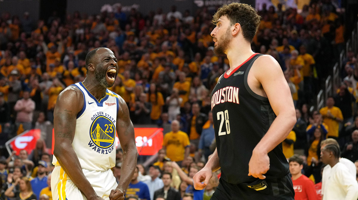Golden State Warriors forward Draymond Green (23) reacts after forcing a turnover by Houston Rockets center Alperen Sengun (28) during the fourth quarter of game three of first round for the 2024 NBA Playoffs at Chase Center.
