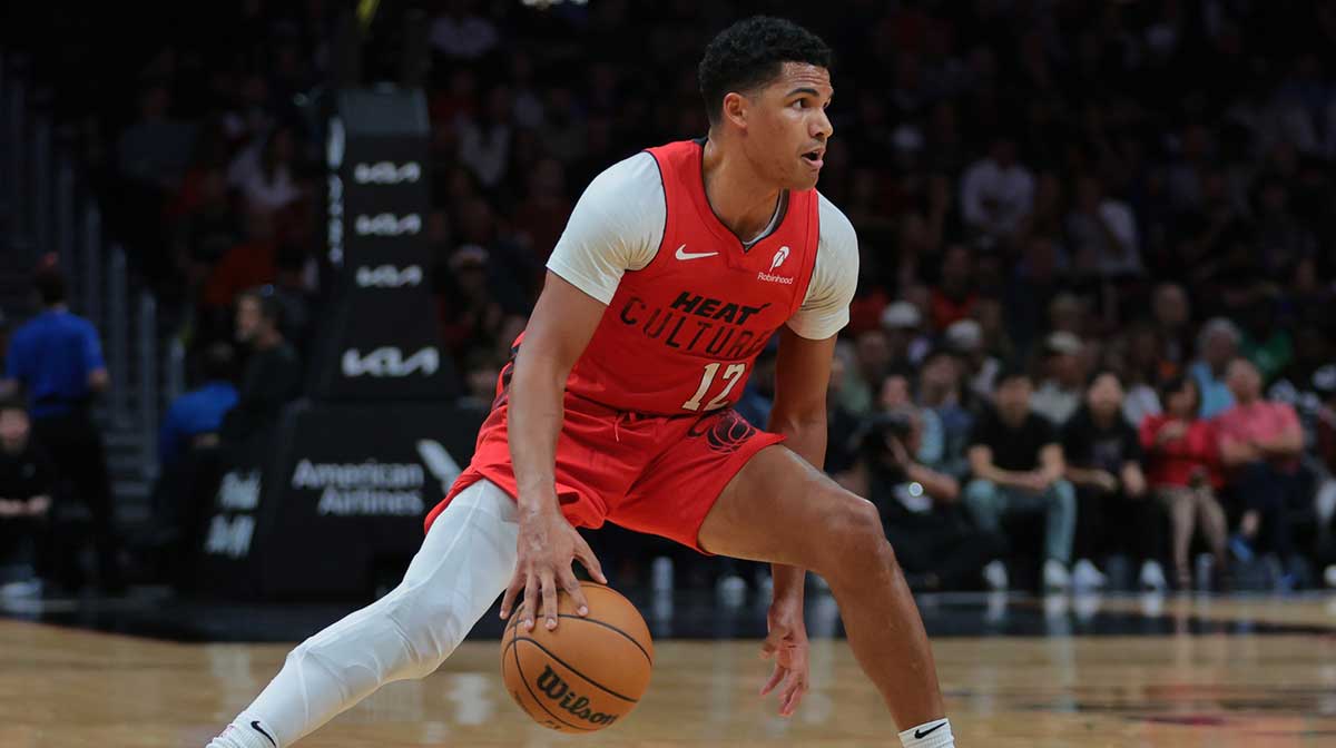 Miami Heat guard Dru Smith (12) dribbles the basketball against the Brooklyn Nets during the second quarter at Kaseya Center.