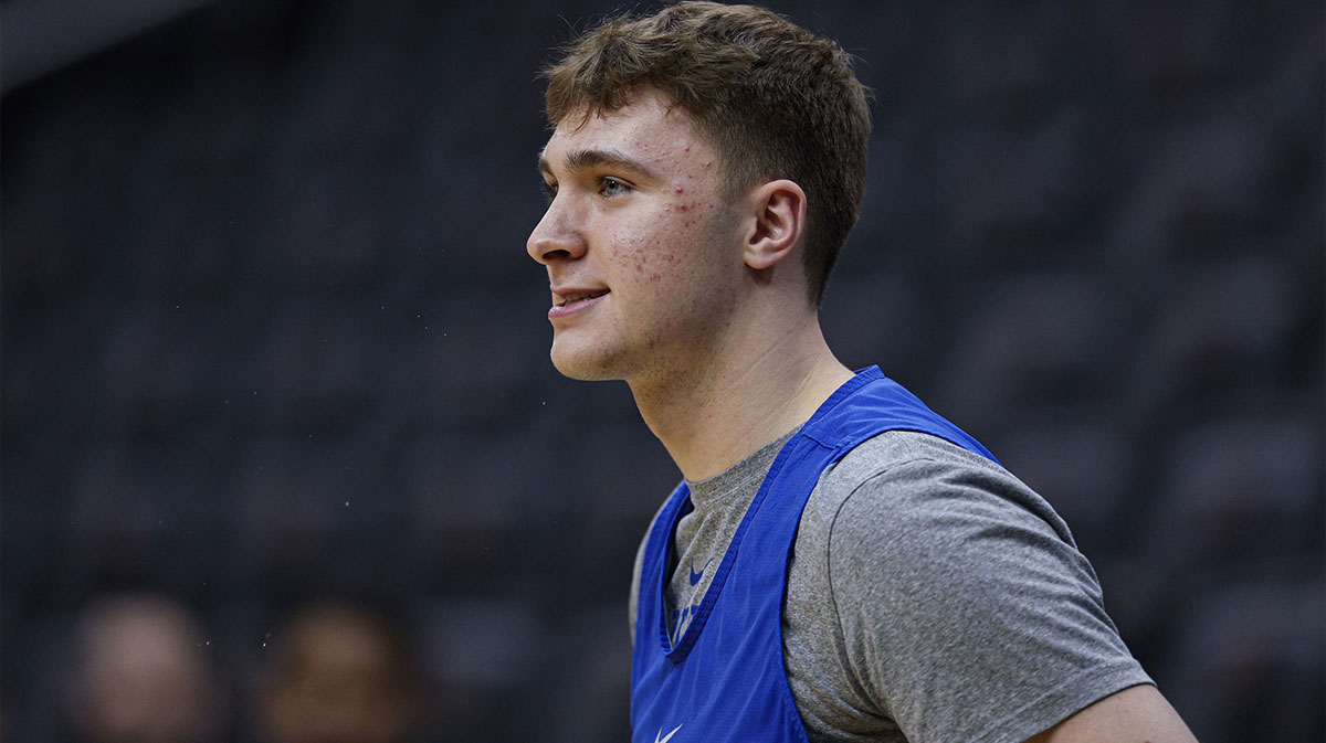 Duke Blue Devils forward Cooper Flagg (2) during a practice session in preparation for an East Regional semifinal game against the Arizona Wildcats at Prudential Center.