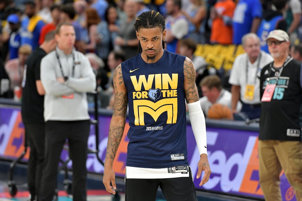 Memphis Grizzlies guard Ja Morant warms up before Game 3 of an NBA first-round playoff series...