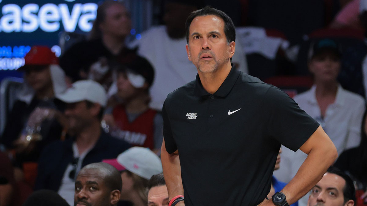 Miami Heat head coach Erik Spoelstra looks on from the sideline against the Cleveland Cavaliers in the fourth quarter during game four for the first round of the 2025 NBA Playoffs at Kaseya Center.