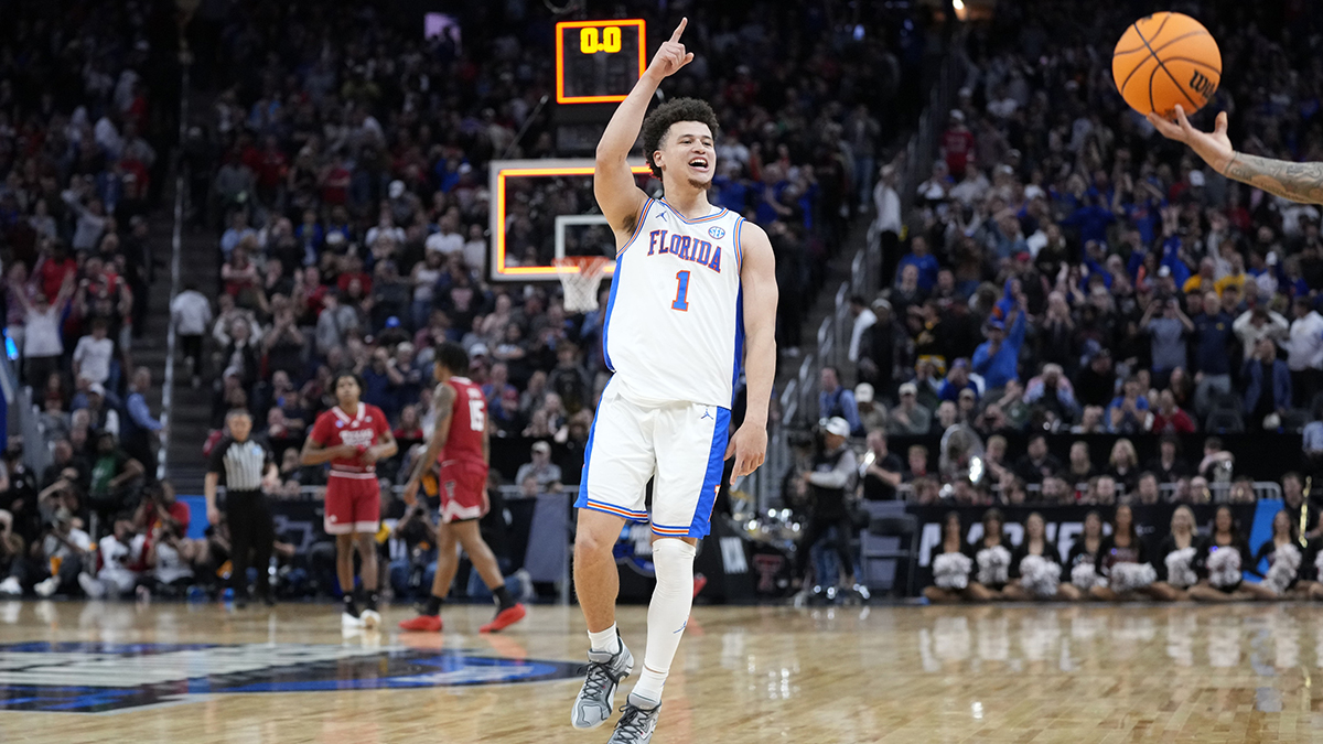 Florida Gators guard Walter Clayton Jr. (1) celebrates defeating the Texas Tech Red Raiders during the West Regional final of the 2025 NCAA tournament at Chase Center.