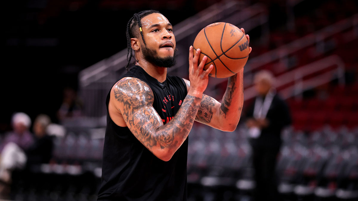 Houston Rockets guard Cam Whitmore (7) warms up prior to the game against the Oklahoma City Thunder at Toyota Center.