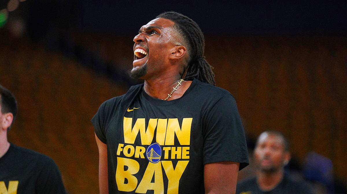 Warriors forward Kevon Looney (5) stands on the court during warmups against the Minnesota Timberwolves during game four of the second round for the 2025 NBA Playoffs at Chase Center