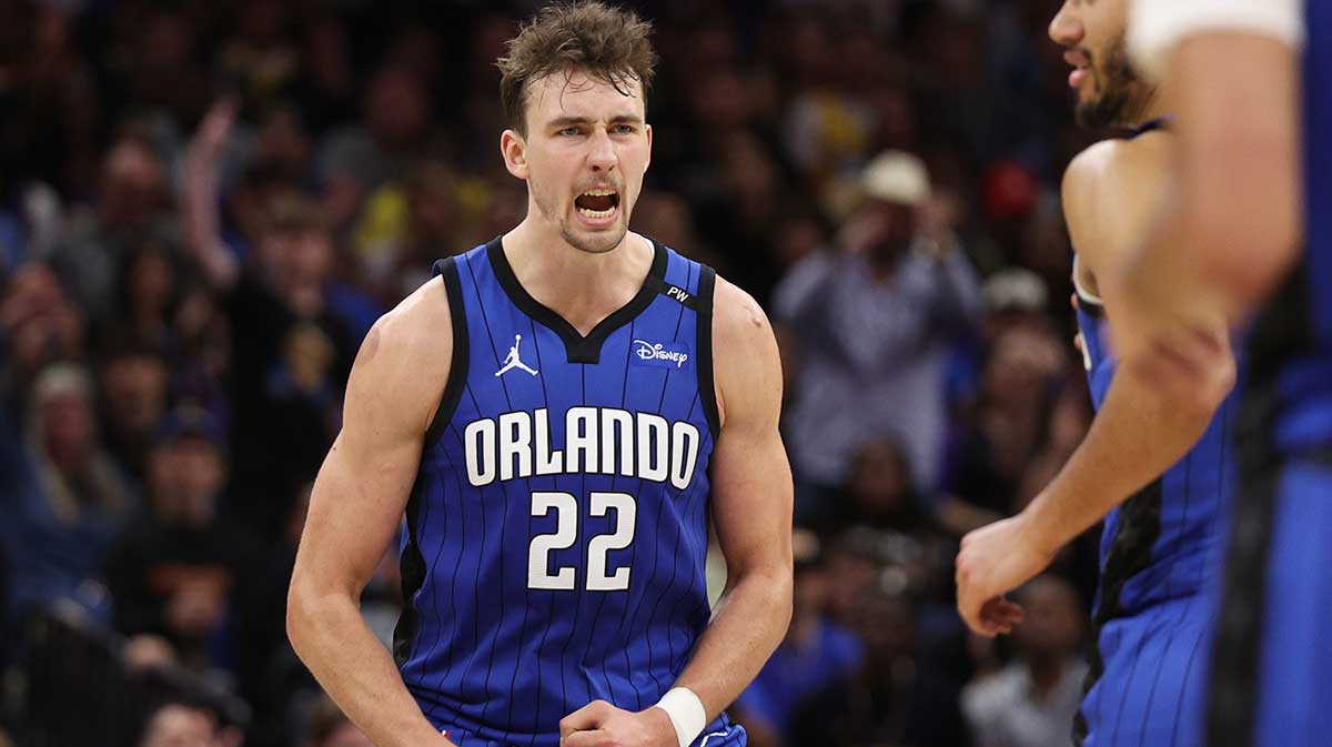 Orlando Magic forward Franz Wagner (22) reacts after a play against the Los Angeles Lakers in the fourth quarter at Kia Center.