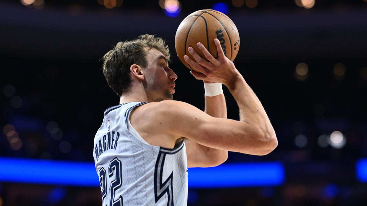 Orlando Magic forward Franz Wagner (22) shoots the ball against the Philadelphia 76ers in the first quarter at Wells Fargo Center.