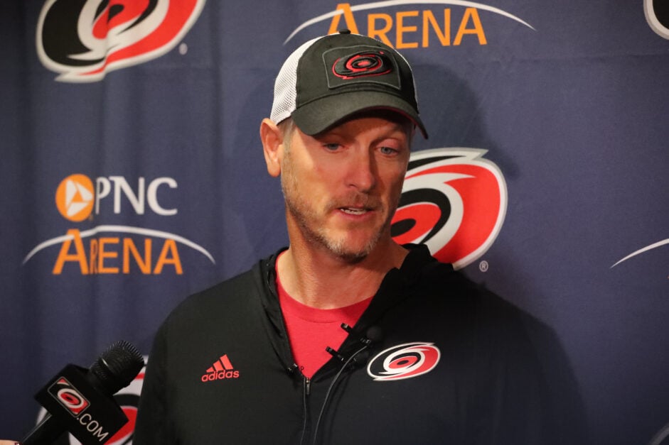 Carolina Hurricanes owner Tom Dundon answers questions from the media