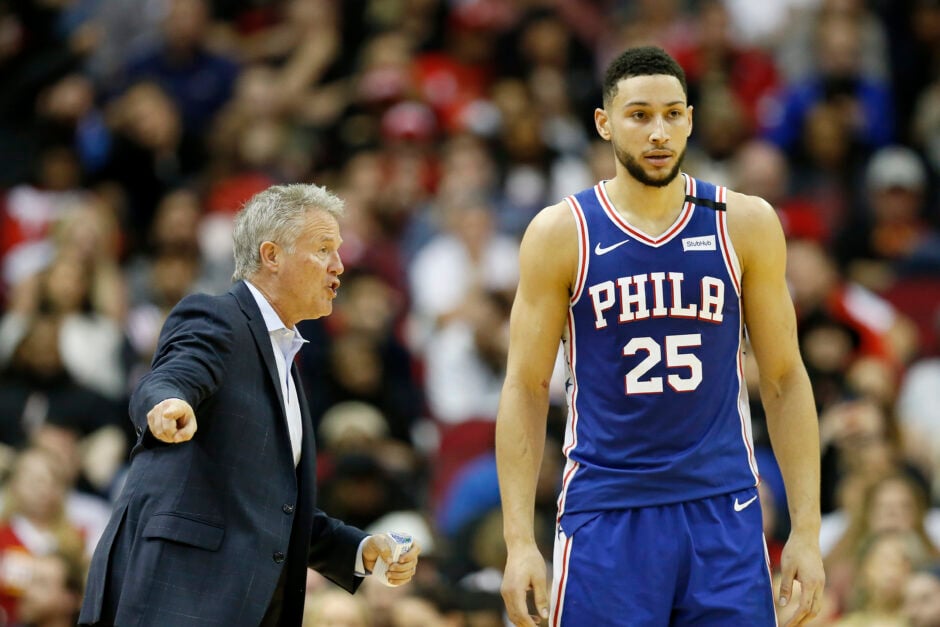 Philadelphia 76ers point guard Ben Simmons gets yelled at by head coach Brett Brown