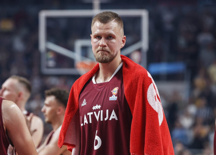 Kristaps Porzingis of Latvia celebrates after the FIBA Basketball World Cup 2023 European Qualifiers second round first match between Latvia and Turkiye at the Arena Riga in Riga, Latvia on August 25, 2022.