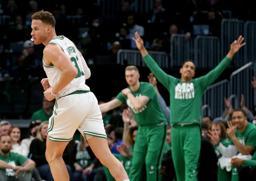 Blake Griffin #91 of the Boston Celtics after hitting a 3-pointer
