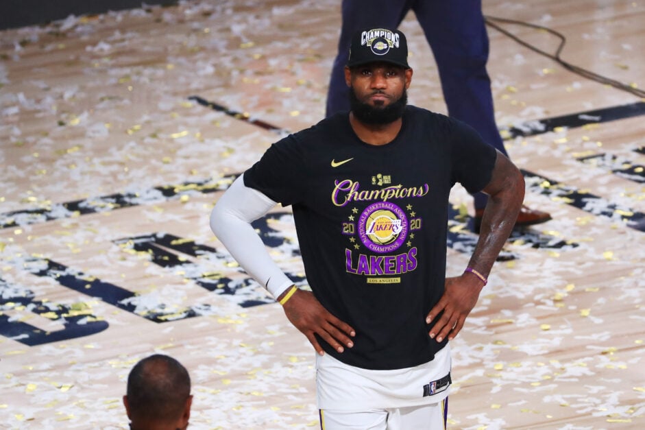 LeBron James #23 of the Los Angeles Lakers reacts after winning the 2020 NBA Championship