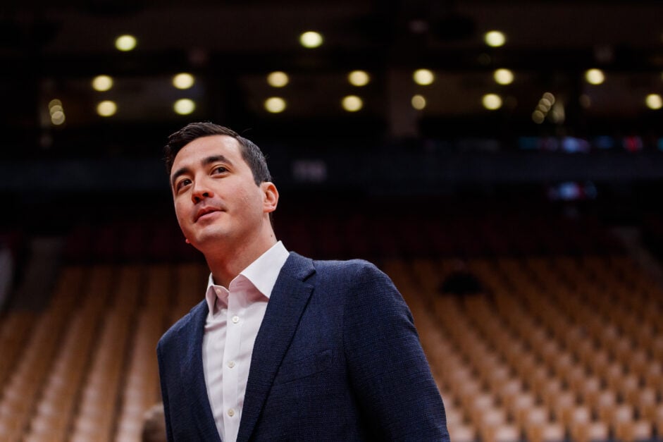 Bobby Webster, General Manager of the Toronto Raptors is seen ahead of the NBA game between the Toronto Raptors and the Portland Trail Blazers at Scotiabank Arena.