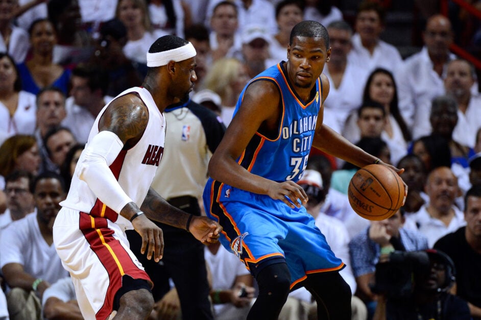Oklahoma City Kevin Durant #35 of the Oklahoma City Thunder in the post against LeBron James