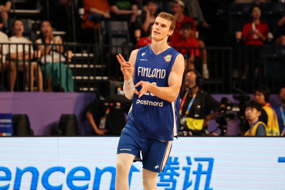 Lauri Markkanen #23 of Finland celebrates a basket during the FIBA Basketball World Cup Classification 17-32 Group O game between Cape Verde and Finland at Okinawa Arena on August 31, 2023 in Okinawa, Japan.