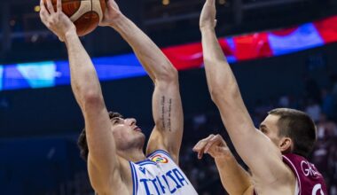 Gabriele Procida #50 of Italy drives to the basket...
