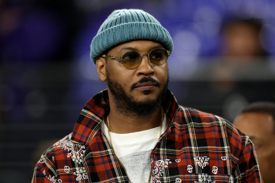 Former basketball player Carmelo Anthony looks on prior to the game between the Cincinnati Bengals and the Baltimore Ravens.