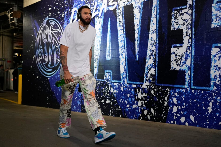 JaVale McGee #00 of the Sacramento Kings arrives before the game against the Dallas Mavericks at American Airlines Center.