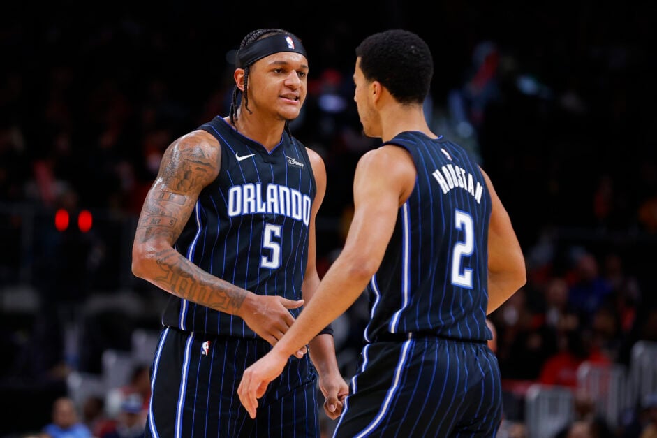 Paolo Banchero #5 and Caleb Houstan #2 of the Orlando Magic celebrate