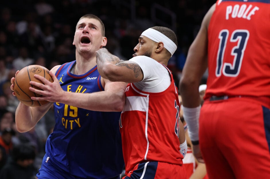 Denver Nuggets center Nikola Jokic drives against the Washington Wizards
