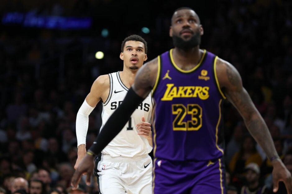Los Angeles Lakers forward LeBron James boxes out San Antonio Spurs center Victor Wembanyama