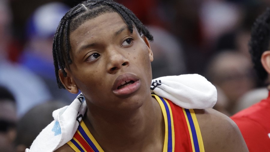 Ace Bailey #4 looks on during the first half of the mens 2024 McDonald's All American Game...