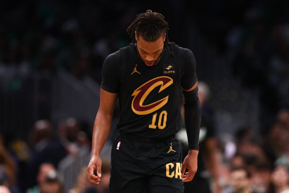 Darius Garland of the Cleveland Cavaliers reacts during the third quarter against the Boston Celtics