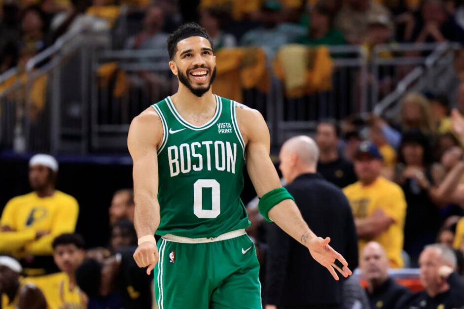 Jayson Tatum #0 of the Boston Celtics reacts during the third quarter in Game Four of the Eastern Conference Finals