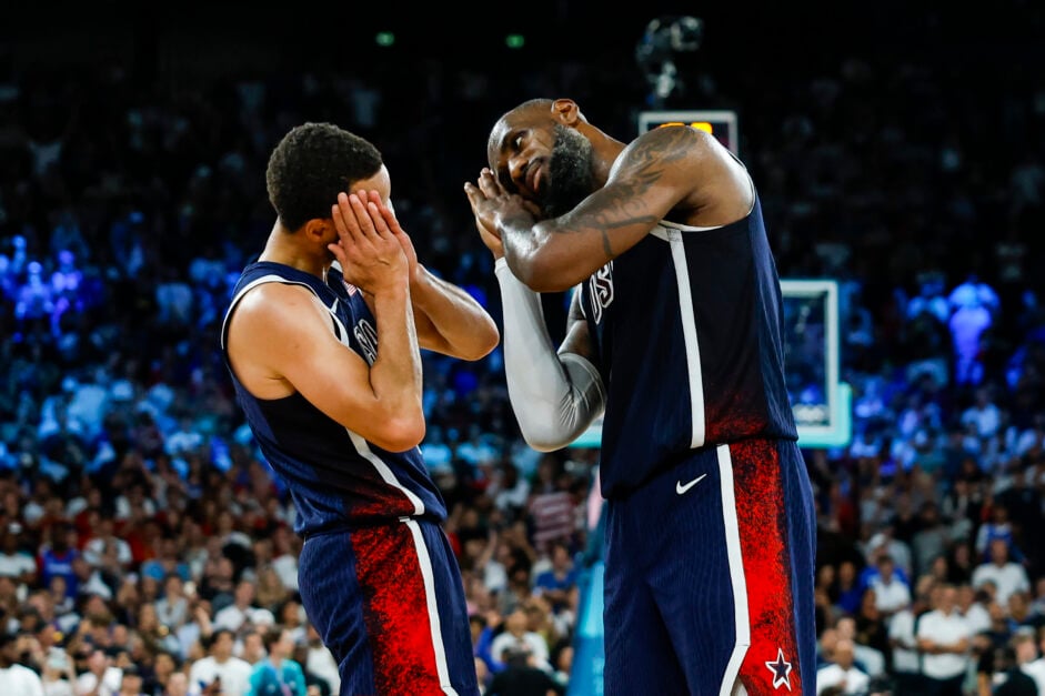 Stephen Curry and Lebron James of United States gesture during Men's Gold Medal Game of Basketball between France and United States on Bercy Arena during the Paris 2024 Olympics Games on August 10, 2024 in Paris, France.
