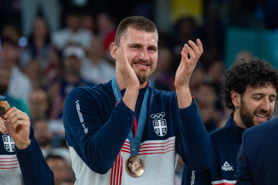 Serbia center Nikola Jokic celebrates winning bronze at the 2024 Paris Olympics