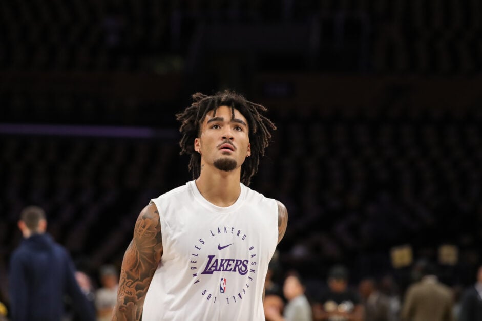 Los Angeles Lakers guard Jalen Hood-Schifino (0) during the Minnesota Timberwolves vs Los Angeles Lakers game on October 22, 2024, at Crypto.com Arena.